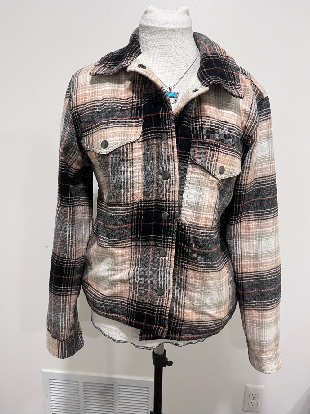 Lucky Brand Plaid Utility Shacket - Black, Beige & Cream